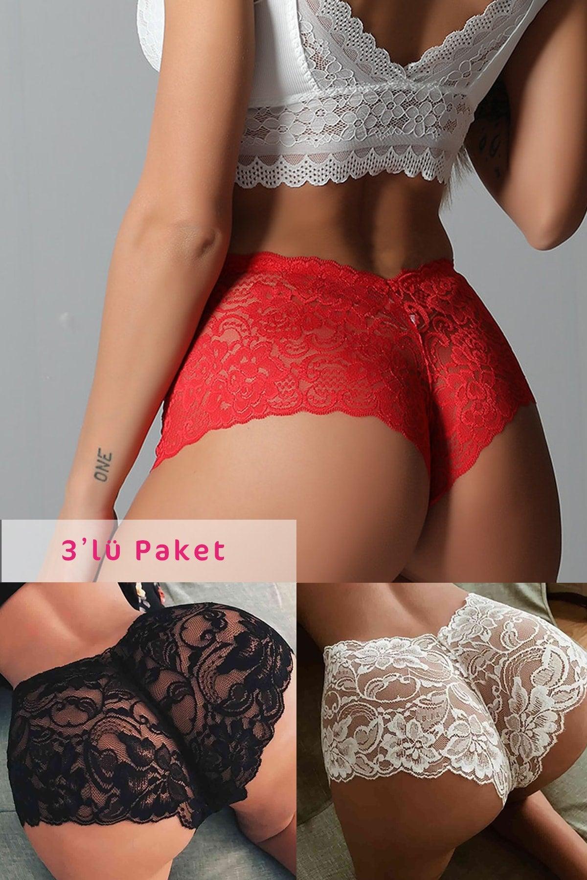 Women's Black White Red 3-Pack Lace Thong Shorts Panties - Swordslife