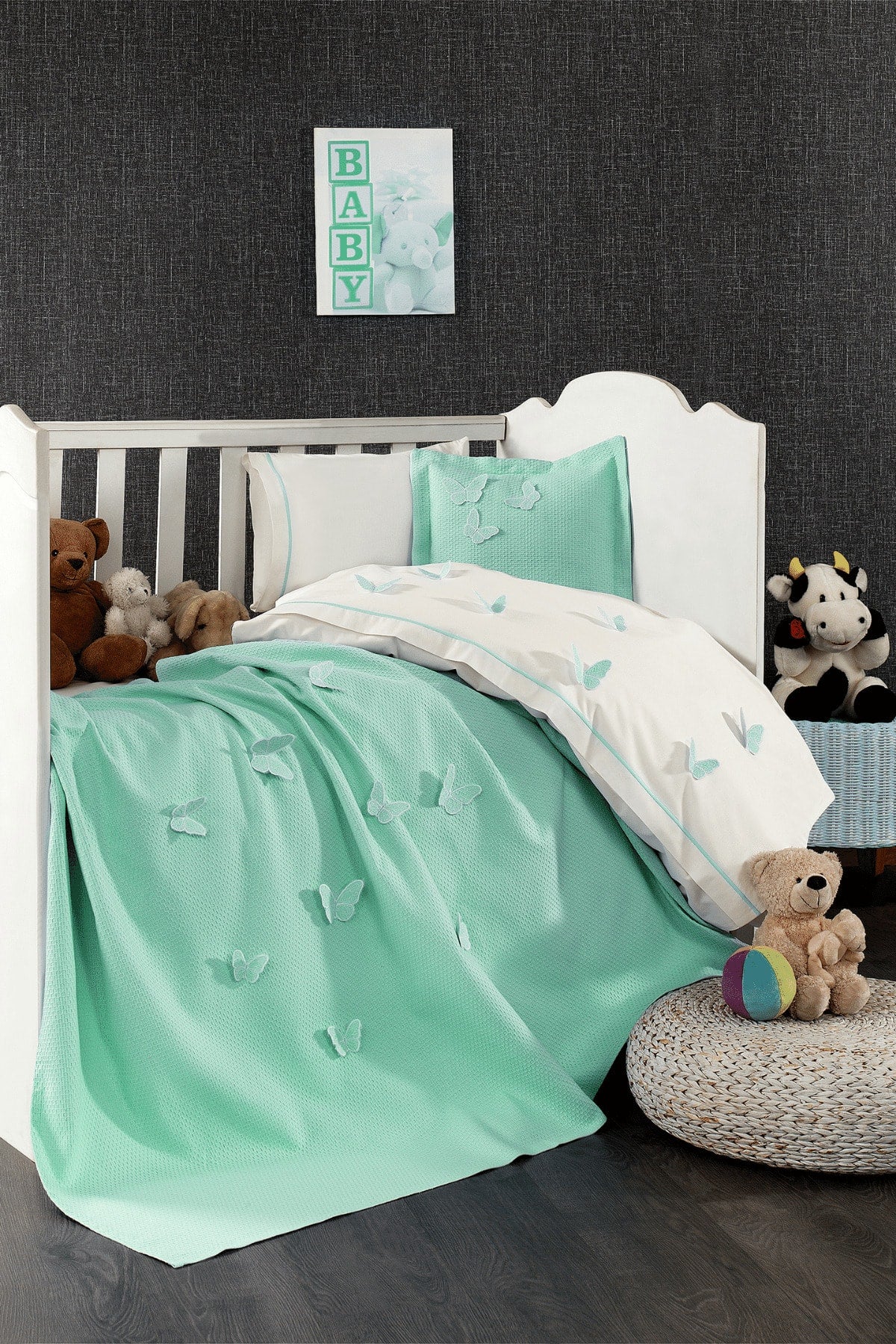 5 Pieces 100% Cotton 3D Butterfly Pattern Baby Duvet Cover Set Mint Green