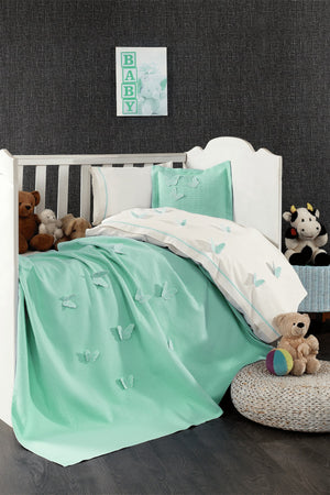 5 Pieces 100% Cotton 3D Butterfly Pattern Baby Duvet Cover Set Mint Green
