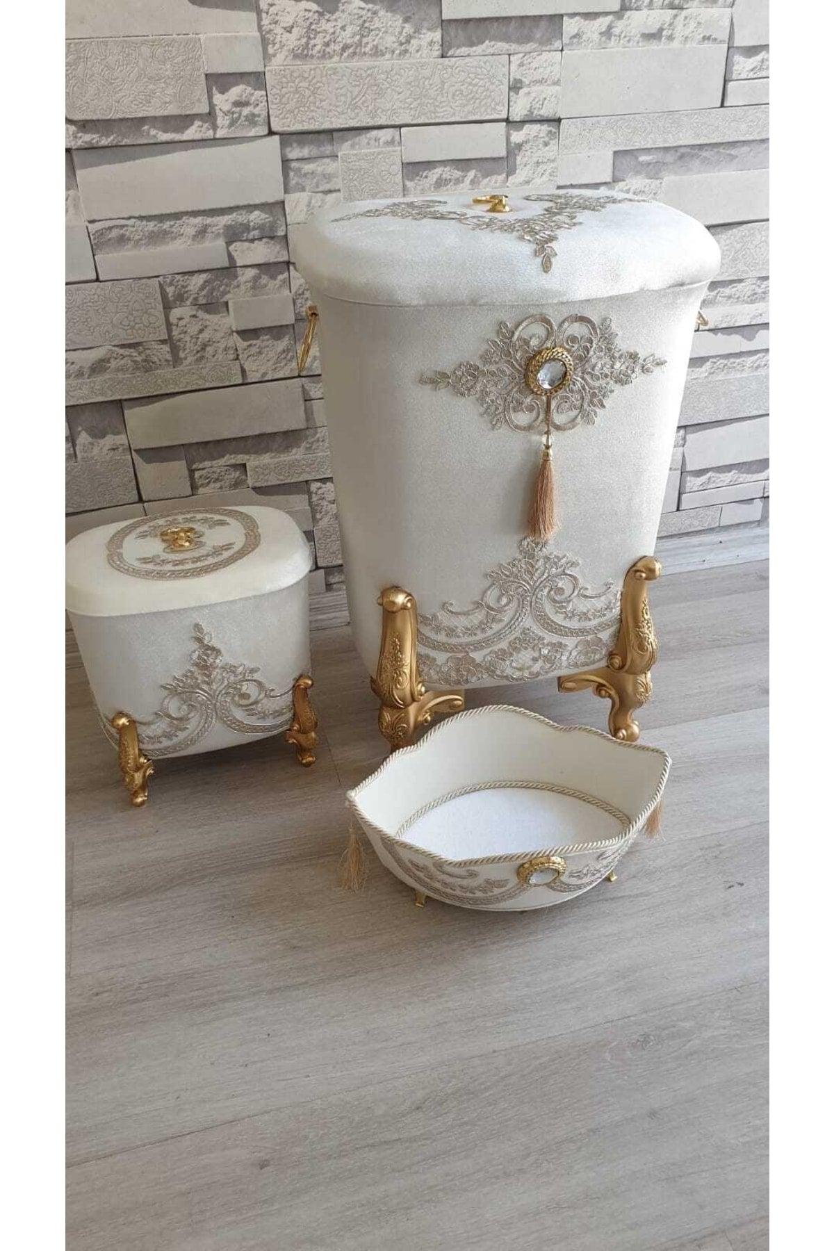 Cornered 3 Pcs Velvet Dowry Lacy Bathroom Dirty Laundry Basket Set - Swordslife