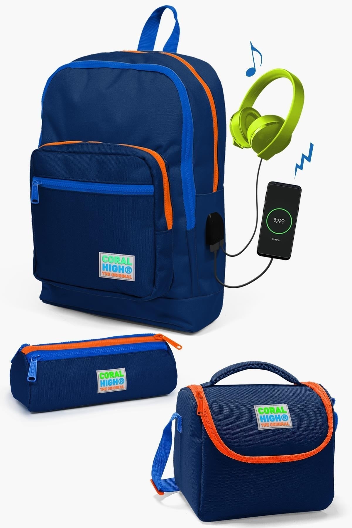 Kids Navy Blue Usb 3 Pcs School Bag Set Set0123816
