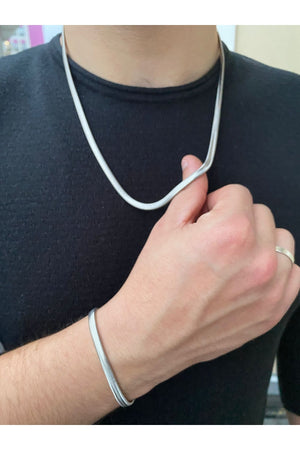 Men'S Straw Model Necklace Bracelet Set Silver Gray Color Steel