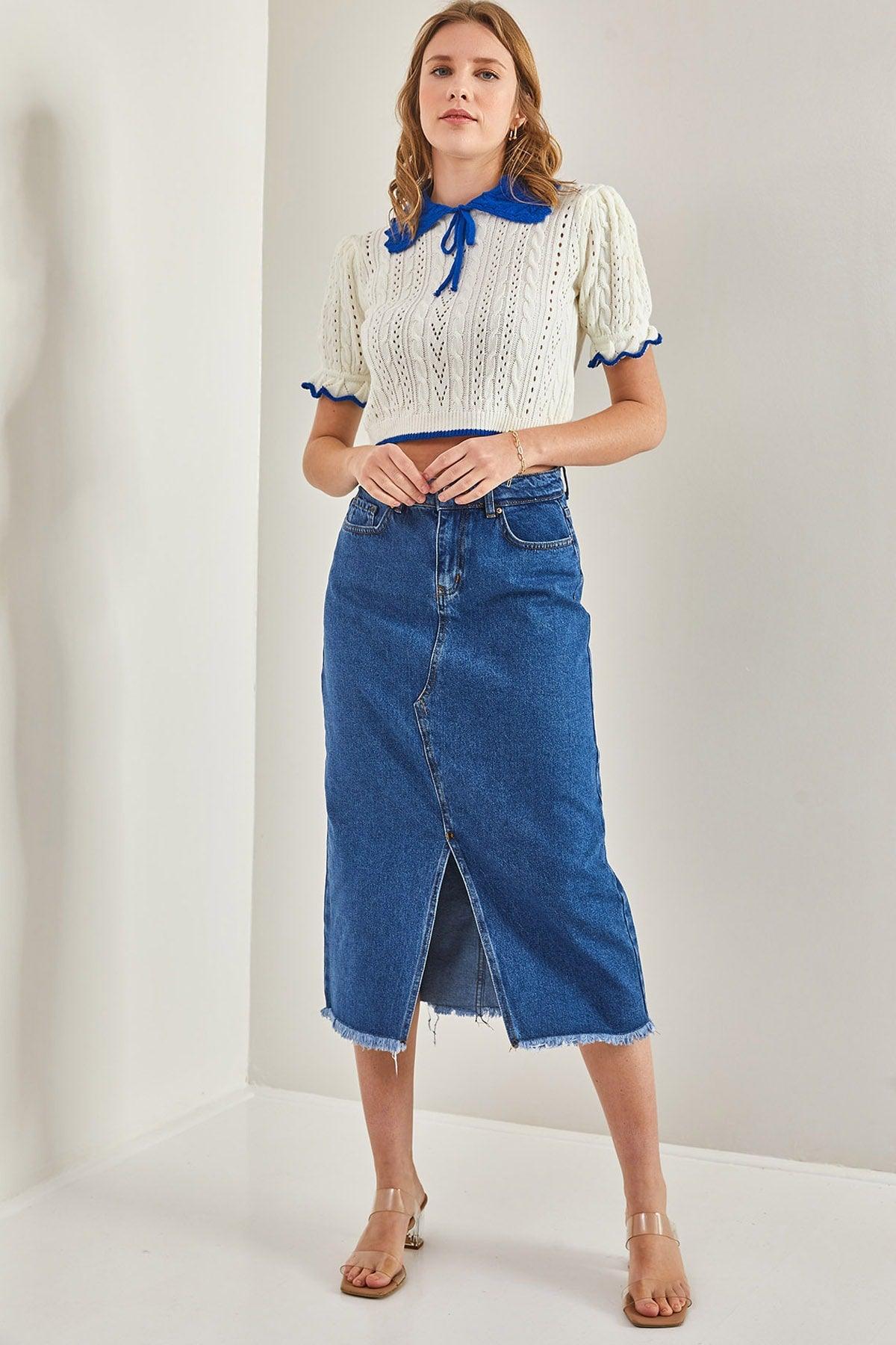 Women's Laser Cut Slit Denim Skirt - Swordslife