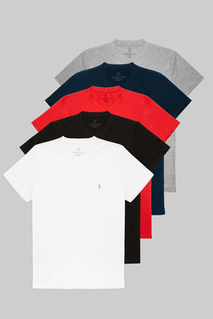Men'S Black White Red Navy Blue Gray 100% Cotton 5 Pcs T-Shirt Pack