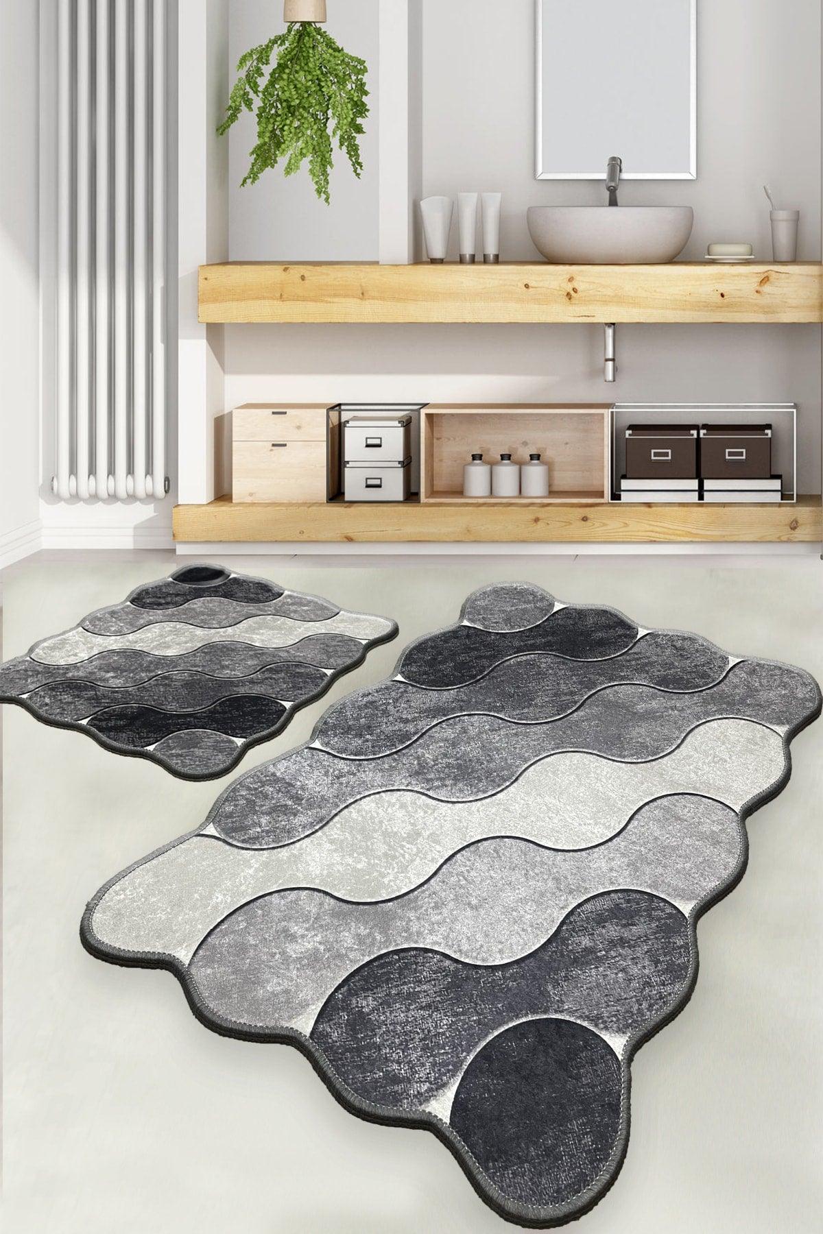 Circle Gray 2 Pcs Set Bathroom Carpet Djt Washable Non-Slip Floor Mat Closet Set - Swordslife