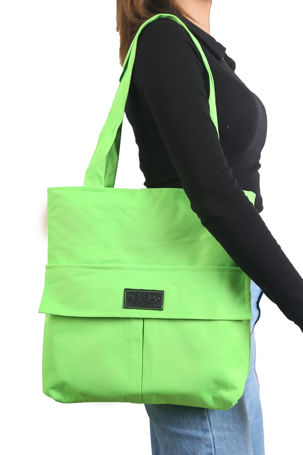 Women'S Light Green Bag Zipper Hand And Shoulder Bag Canvas Fabric Tote Bag