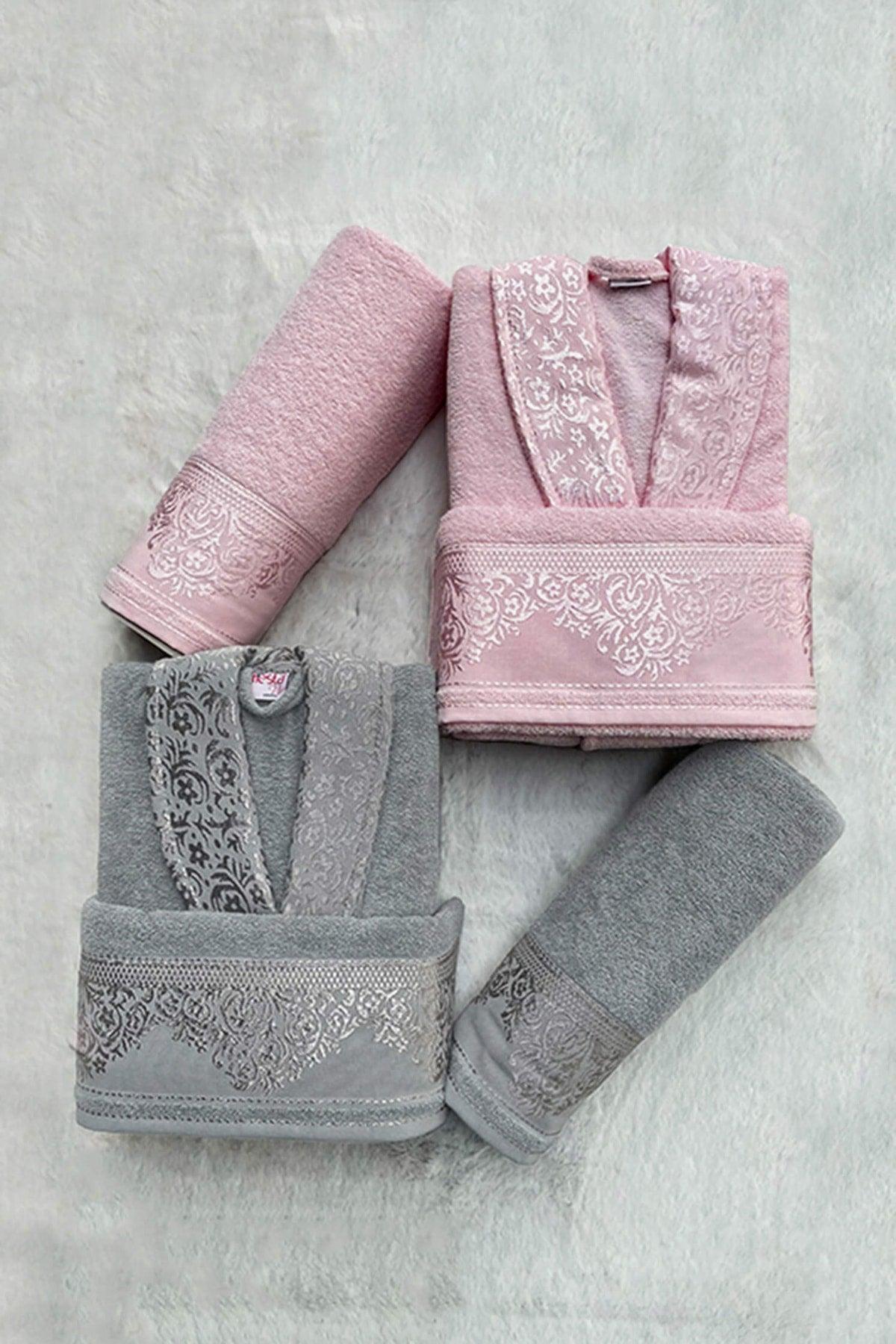 Cotton Jacquard Family Bathrobe Set - Dried Rose - Gray - Swordslife