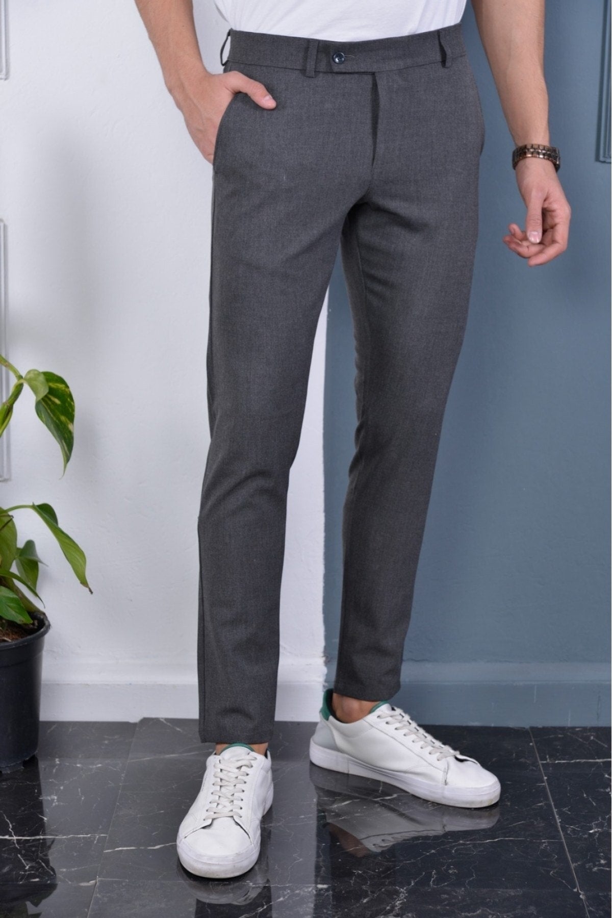 Men'S School Gray Color Italian Cut Quality Elastic Lycra Ankle Length Fabric Trousers
