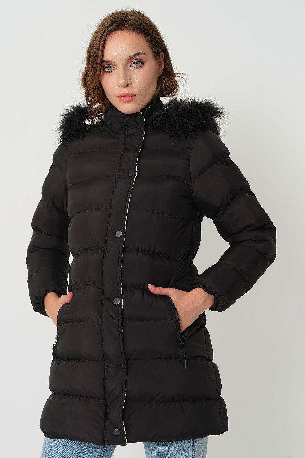 Women's Black White Fur Hooded Down Jacket - Swordslife