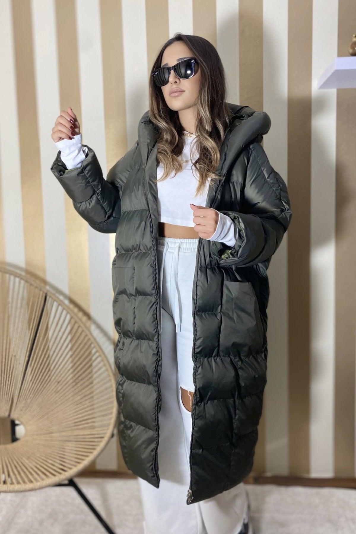 Women's Khaki Hooded Inflatable Long Oversize Coat - Swordslife