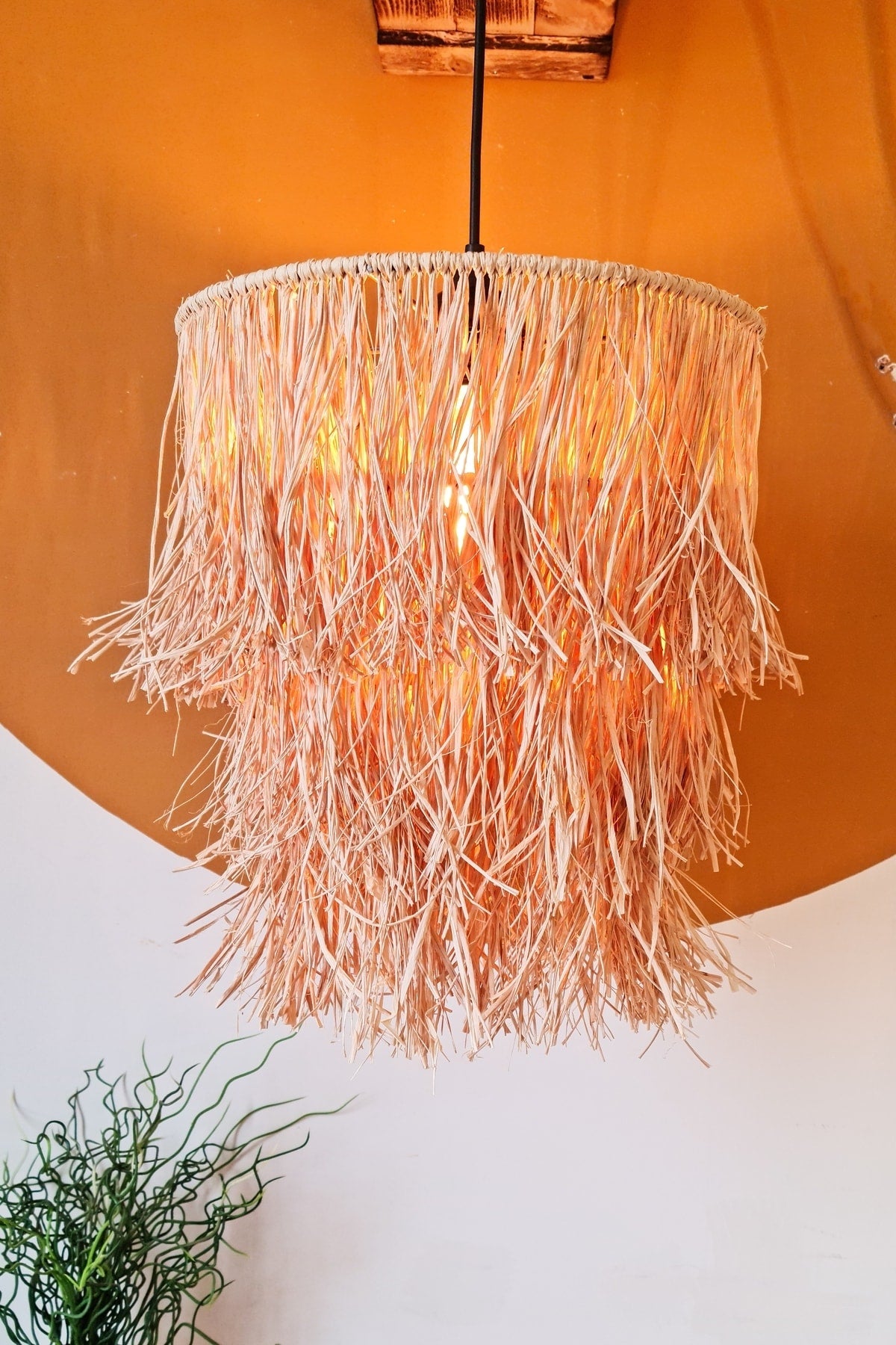 Bohemian Fringed Wicker Raffia Chandelier (Black Lampholder)