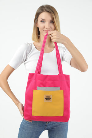 Fuchsia/gray/mustard U22 3-Compartment Front 2 Pocket Detailed Canvas Fabric Daily Women's Arm and Shoulder Bag B:35 E