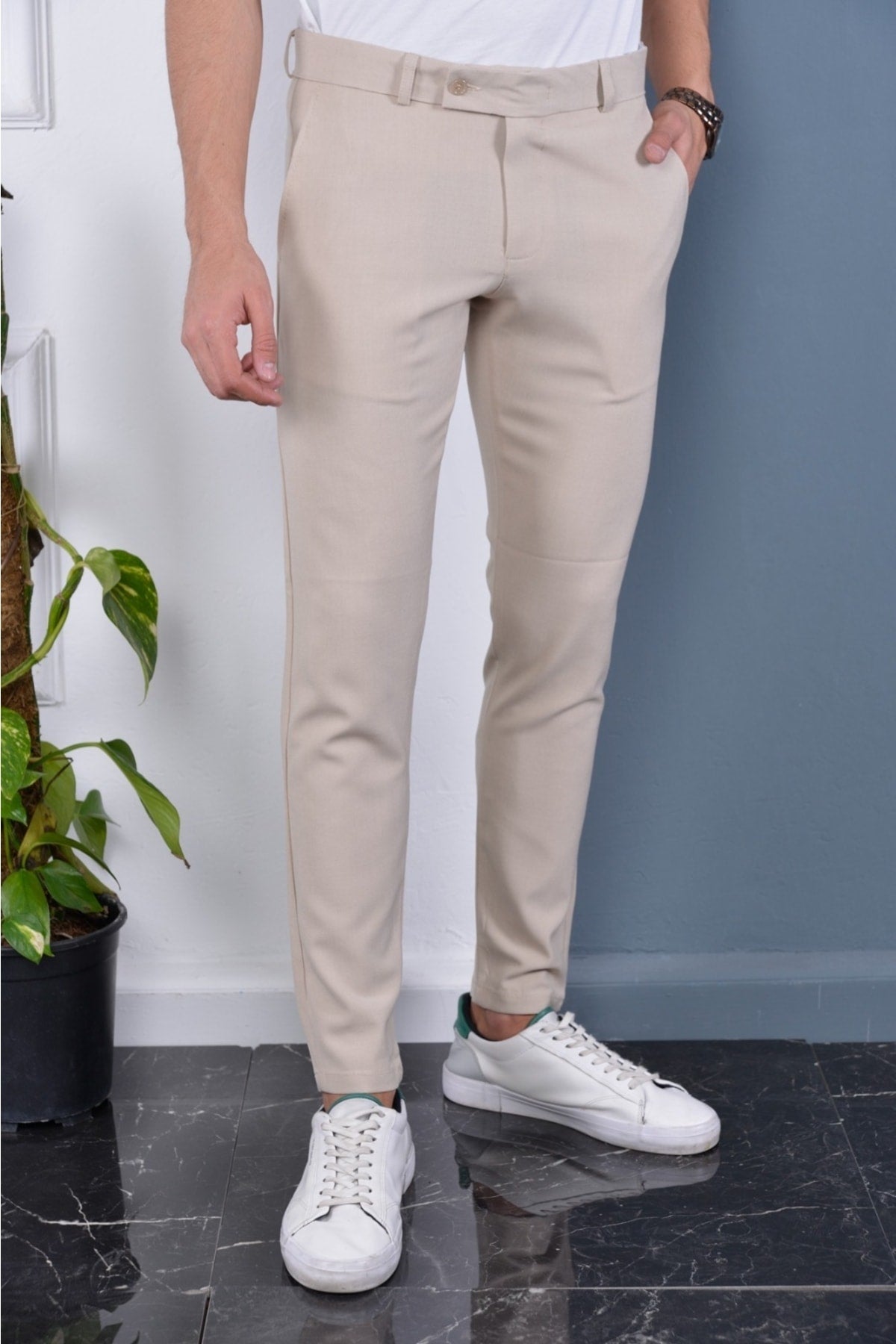 Men'S Cream Color Italian Cut Quality Flexible Lycra Ankle Length Fabric Trousers