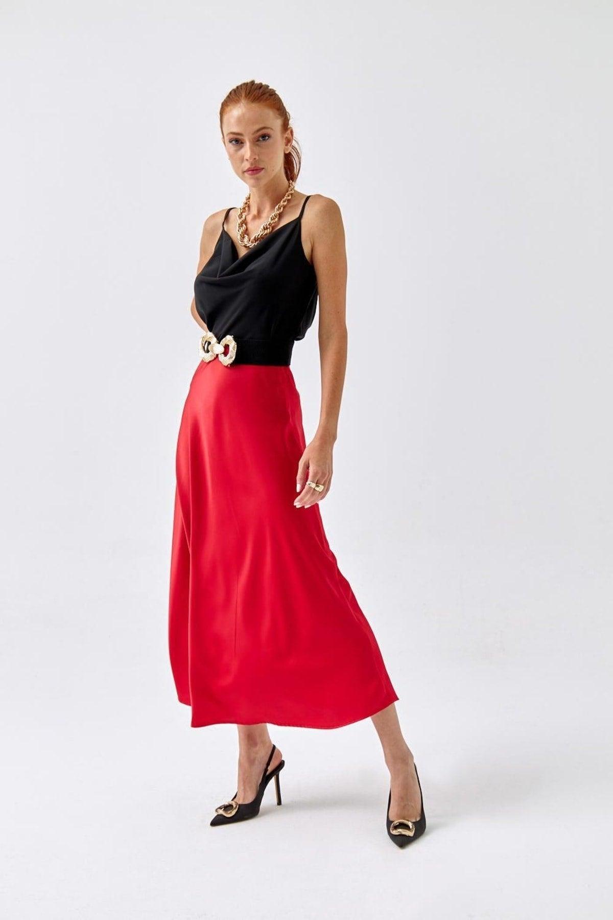 Elastic Waist Satin Red Skirt - Swordslife