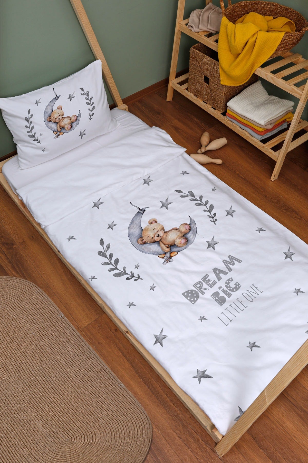 Organic Montessori Duvet Cover Set - For Baby Series - Bear Sleeping In Gray Moon