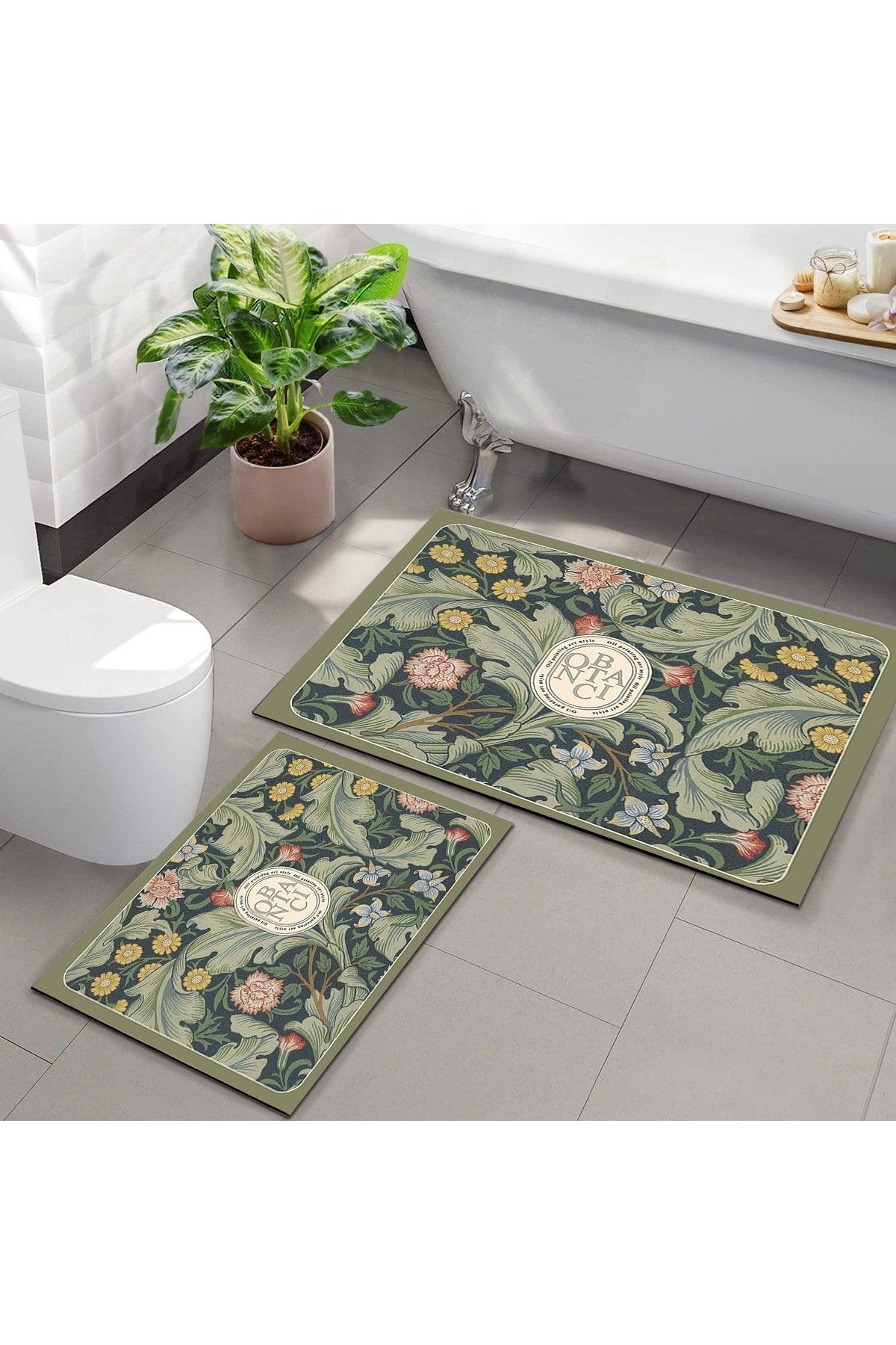 Decor Colorful Flowers Patterned Washable Non-Slip Base 2 Pcs. Bathroom Carpet Doormat Closet Set - Swordslife