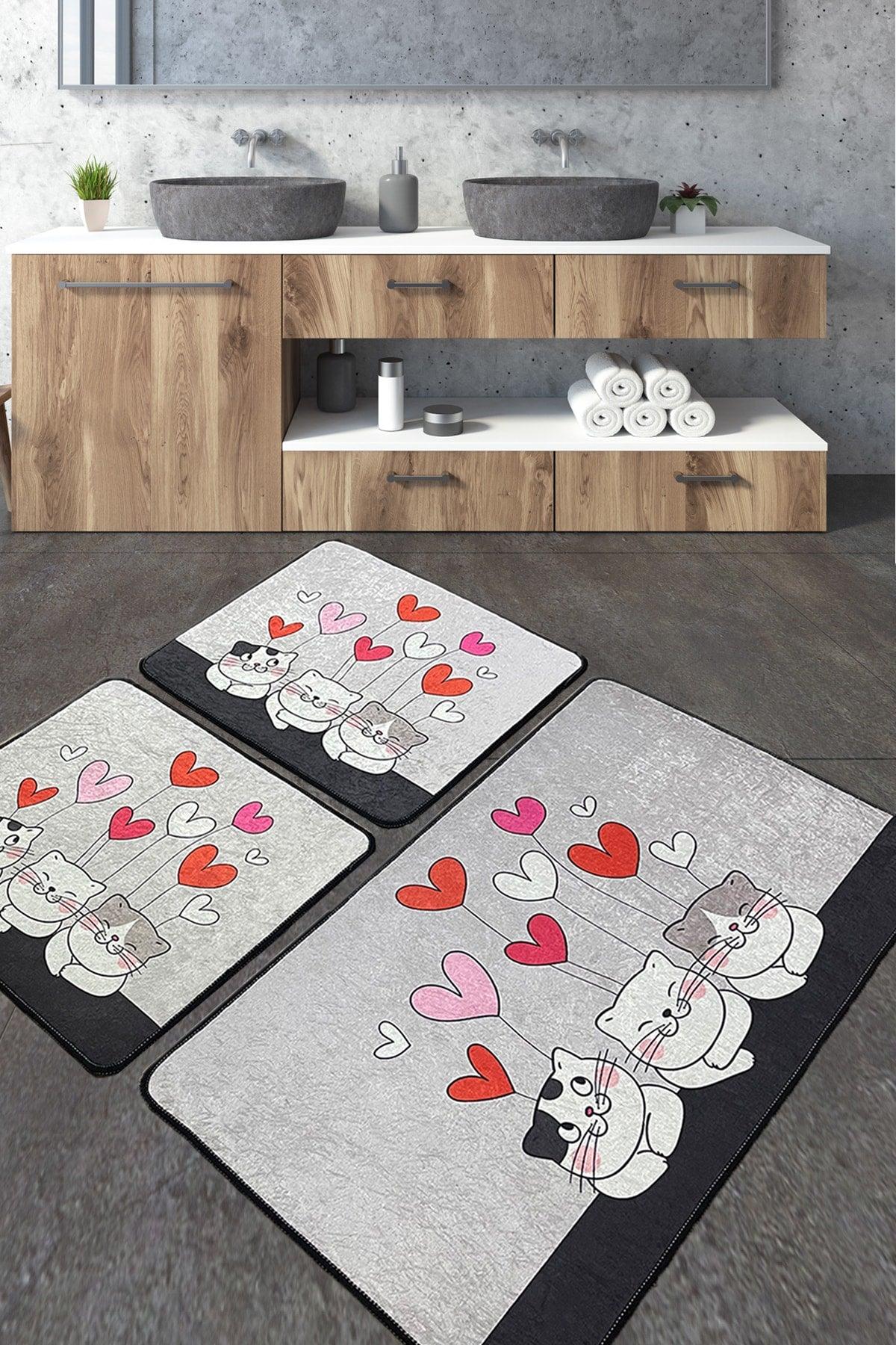 Kitten Bathroom Rug Djt Set of 3 Bathroom Rug Mats Non-Slip Base Washable - Swordslife