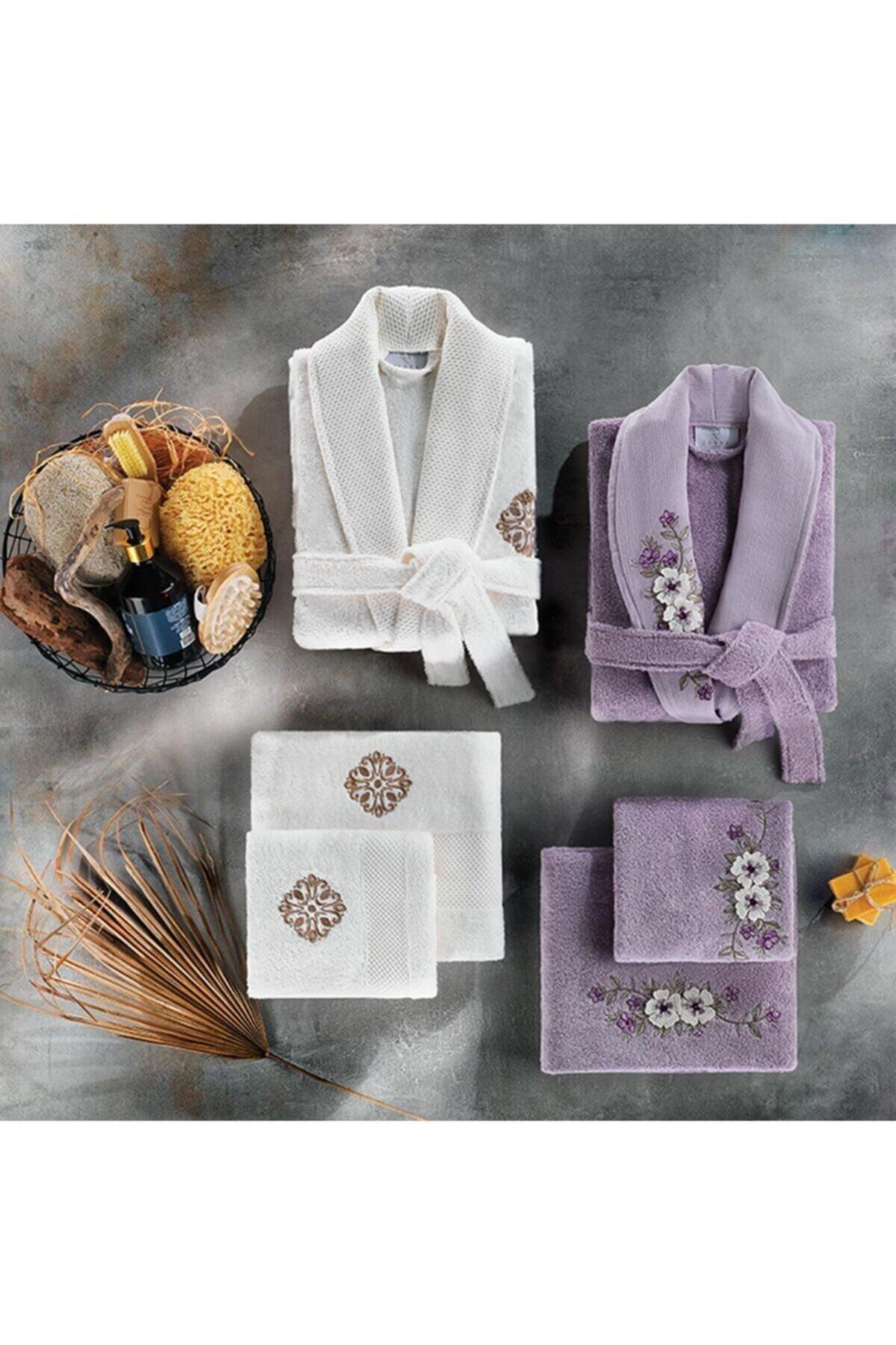 Frida Cream/Plum 3d Bamboo Family Bathrobe Set - Swordslife