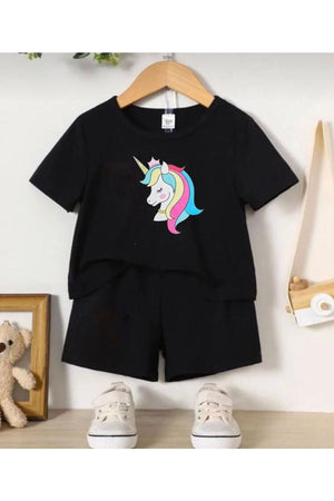 Girl Crown Unicorn Print Shorts Suit