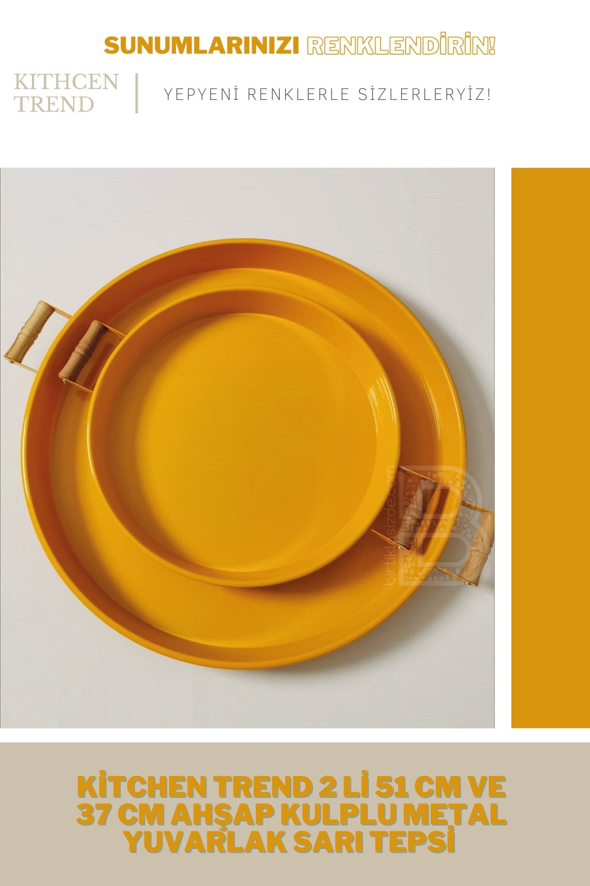 2 Liter 51 Cm And 37 Cm Wooden Handle Metal Round Yellow Tray Presentation Tray, Breakfast Tray