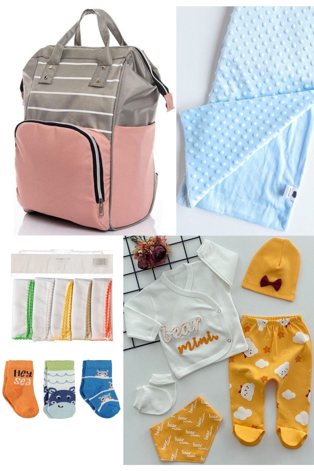 5 Piece Maternity Set (Baby Care Backpack, Hospital Exit, Chickpea Blanket, 10 Wipes and 3 Socks)