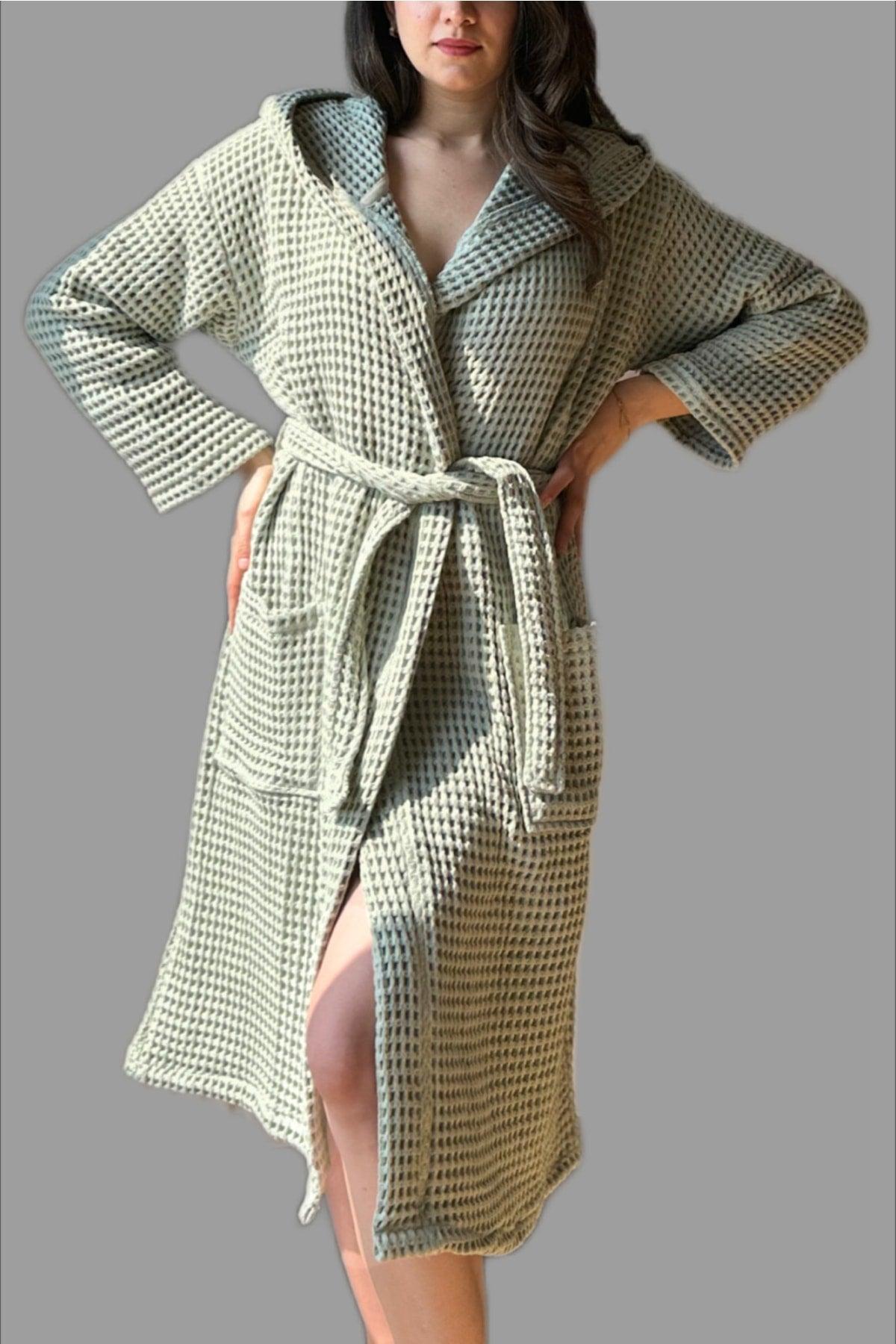 Waffle 100% Cotton Unisex Bathrobe Sage Green - Swordslife