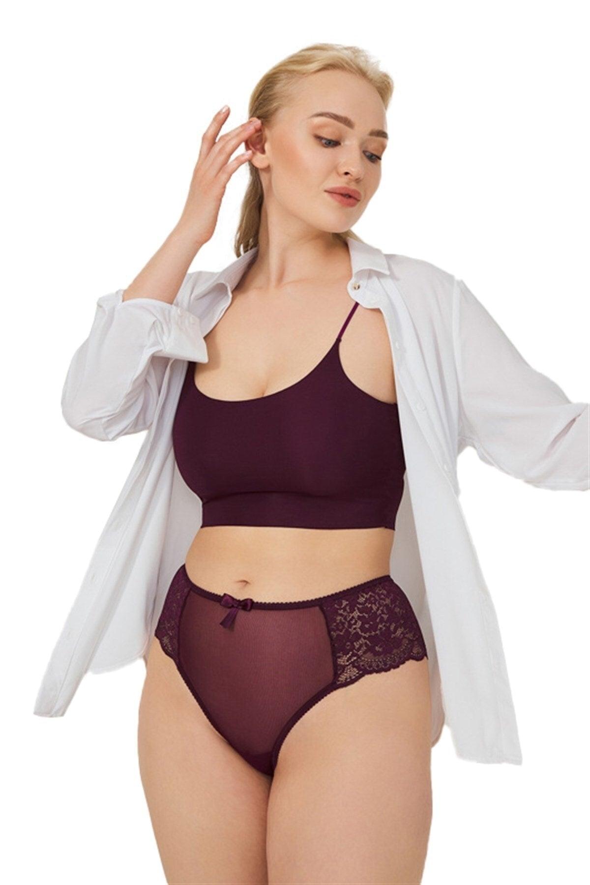 Plum Lace Tulle Detailed Plus Size Women's Brazilian Panties - Swordslife