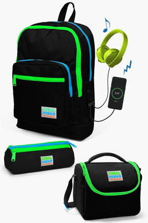 Kids Black Usb 3 Pcs School Bag Set Set0123817