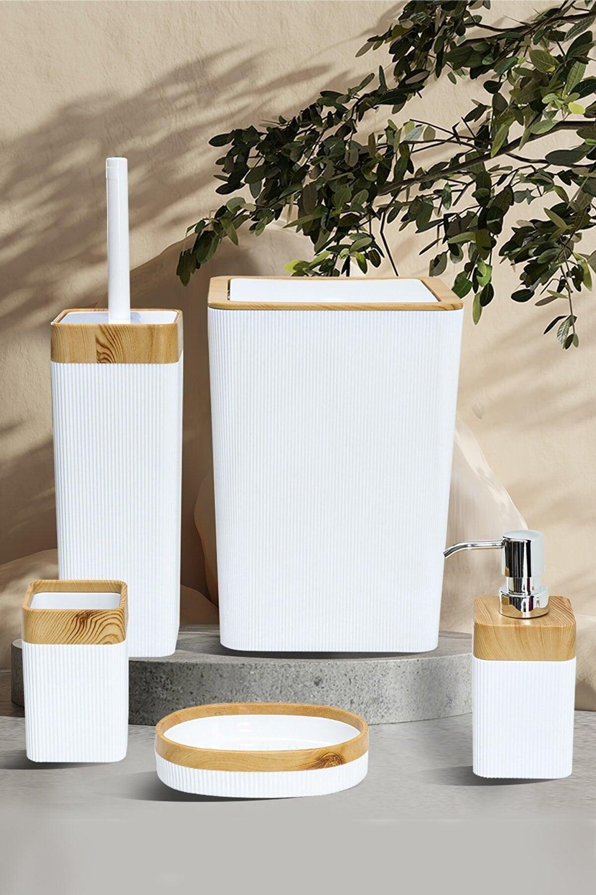 Still Rattan 5 Pieces Light Wood Veneer Square Bathroom Set White - Swordslife