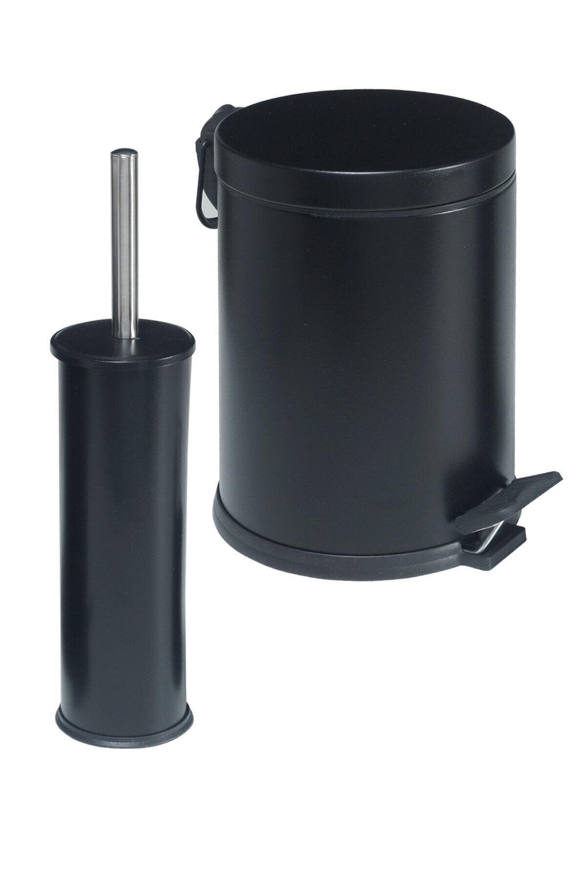 Black 3 Liter 2 Pcs Bathroom Set Pedal Dustbin Wc Closet Toilet Brush Set Bathroom Dustbin - Swordslife