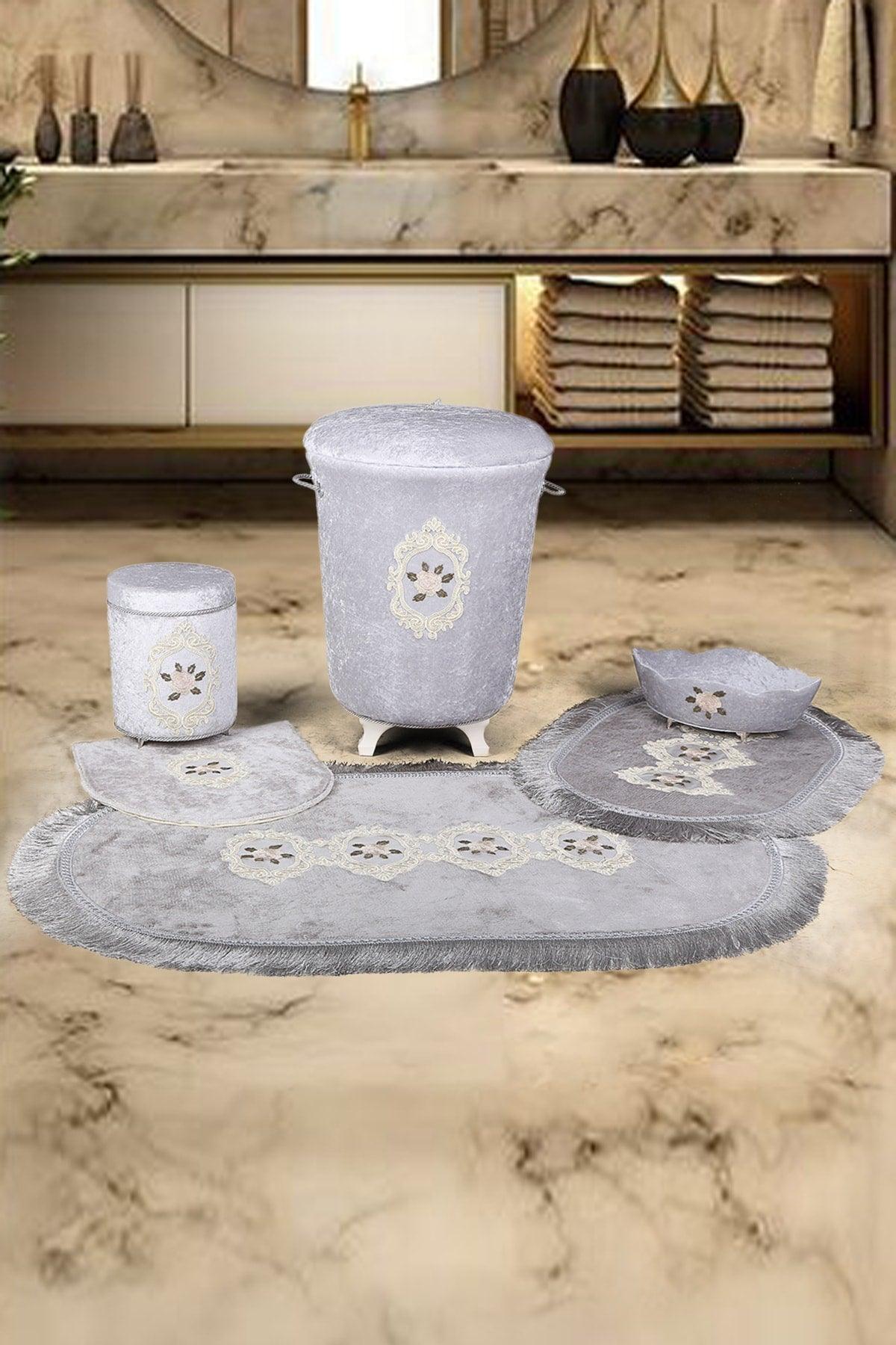 Shems Gray 6 Pcs Bathroom Set Dirty Laundry Basket Set and Bath Mat Set - Swordslife