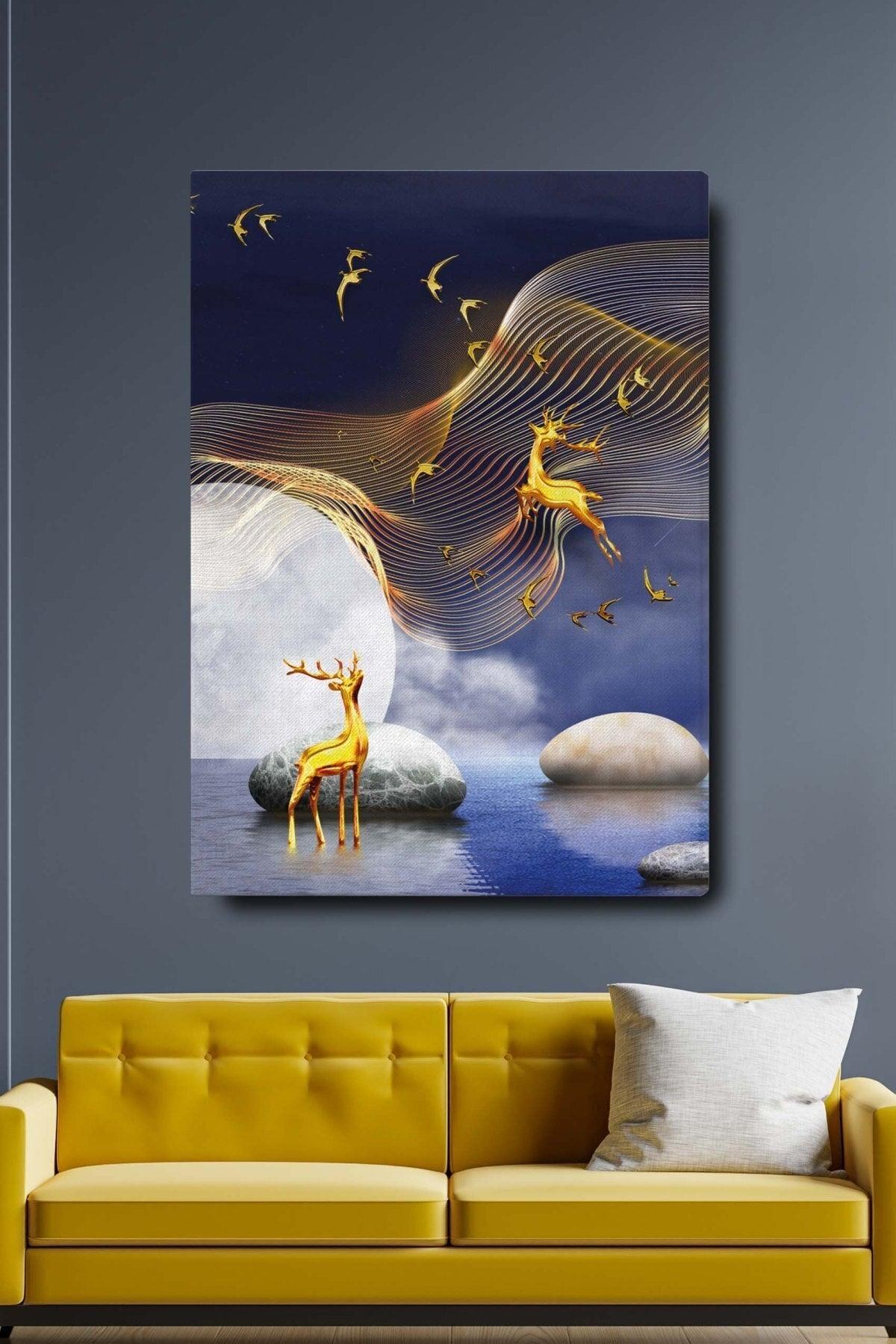 Decorative Abstract Golden Deer And Birds Surreal Canvas Wall Painting - Swordslife