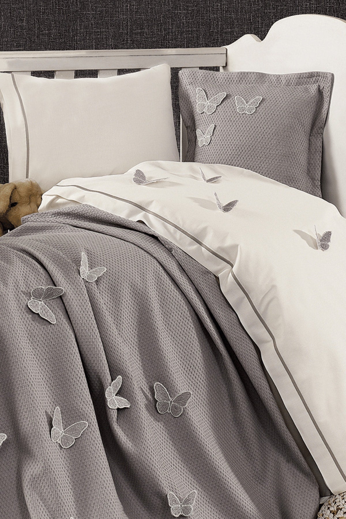 5 Pieces 100% Cotton 3D Butterfly Pattern Baby Duvet Cover Set Gray