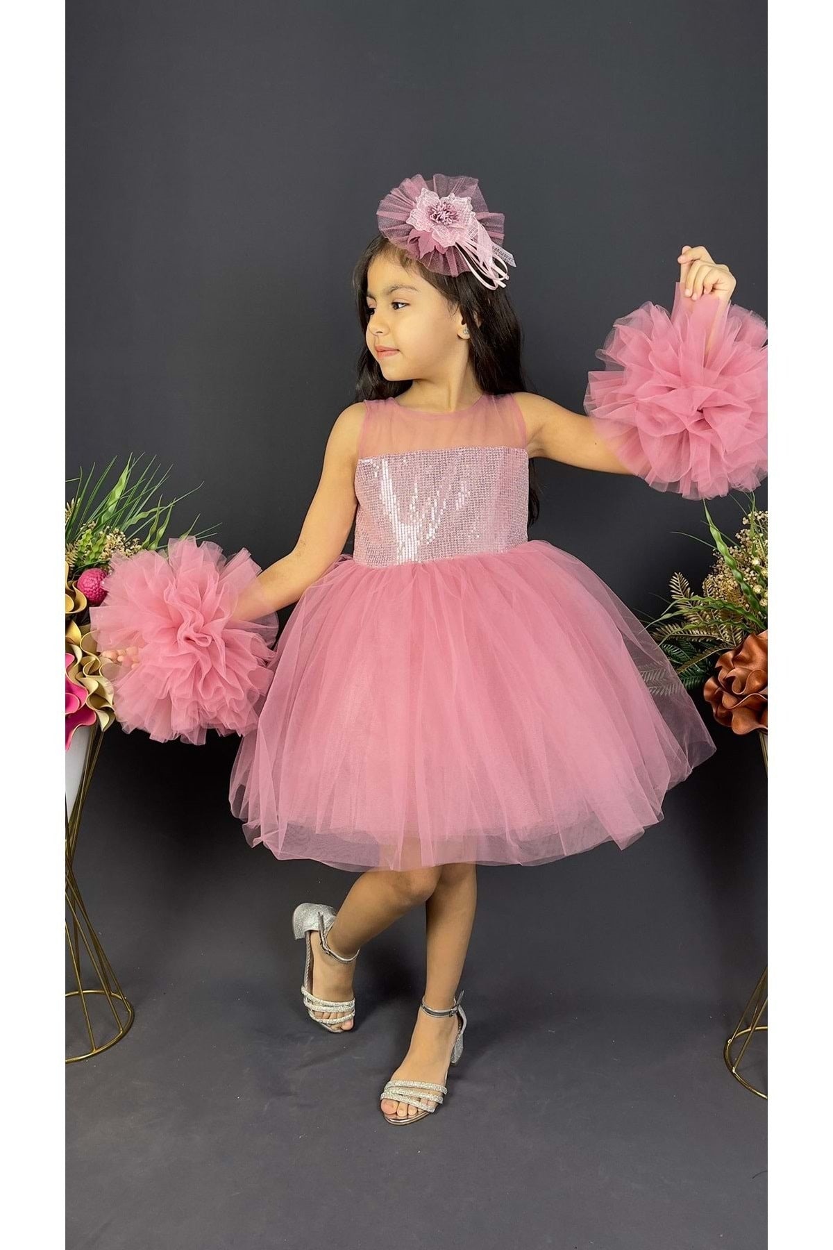 Chiffon Robe Pompom Sleeve Sequined Girls Fluffy Skirt Tulle Evening Dress Dark Pink