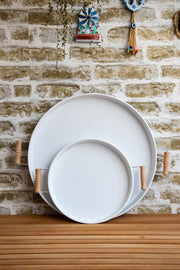 2 Wooden Handled 45 Cm Metal Tray And 30 Cm White Tray Tea Coffee Serving Tray