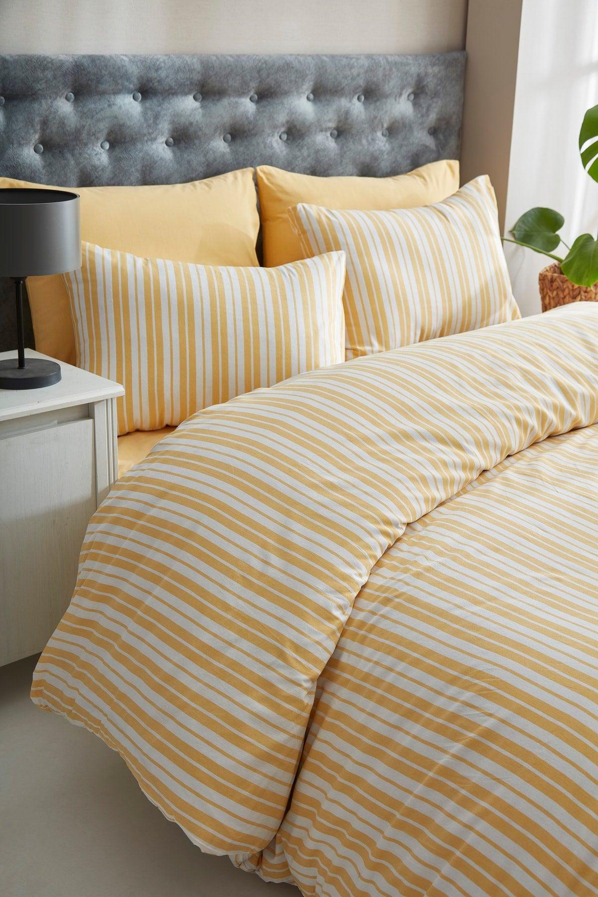 Striped Yellow Double Cotton Duvet Cover Set - Swordslife