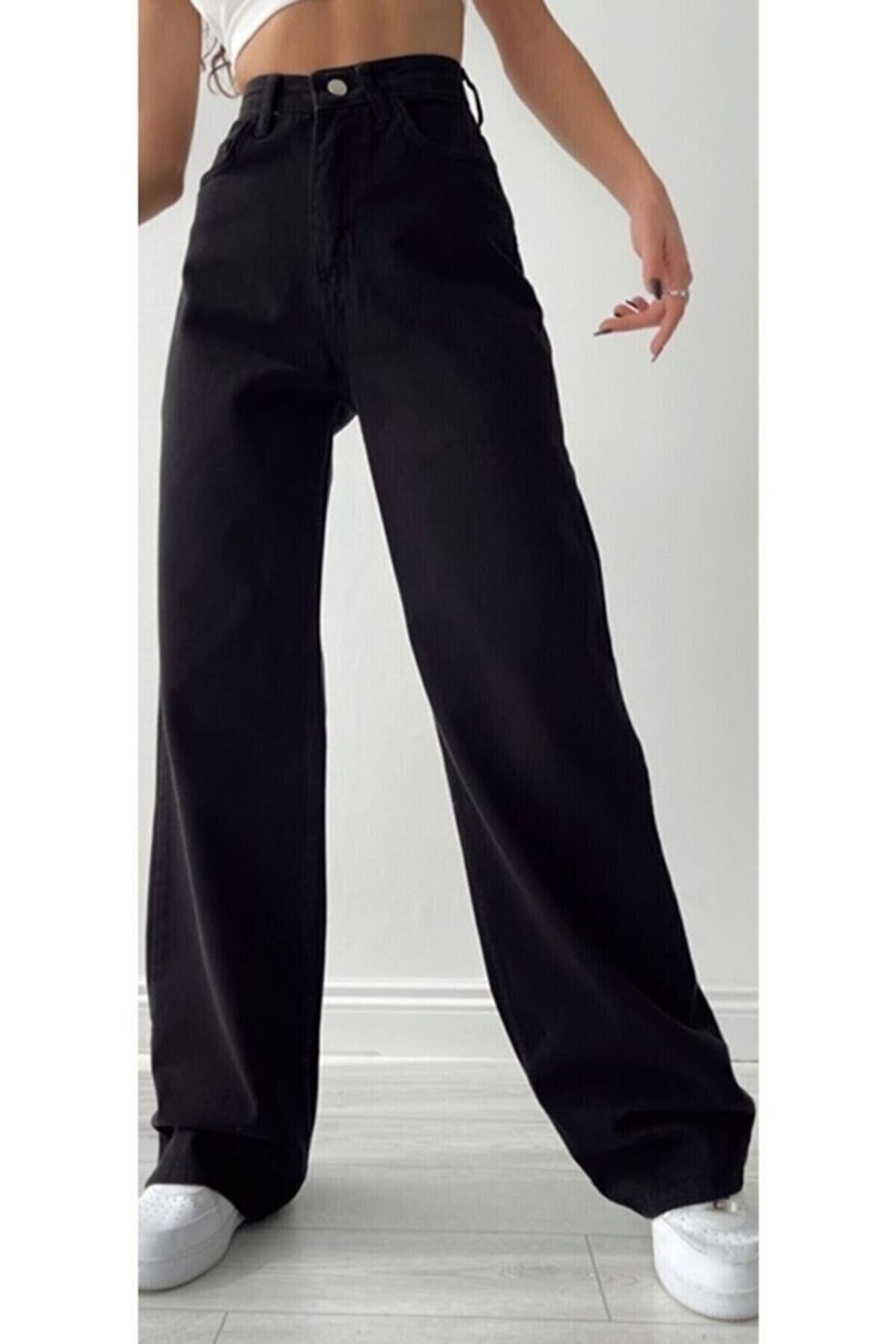 Black Women Loose Lycra 90's Unfading Fabric Super High Waist Wide Leg Denim Palazzo Trousers - Swordslife