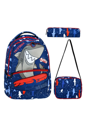 3-Pack Primary School Shark Patterned School Bag With Food And Pencil Holder For Boys