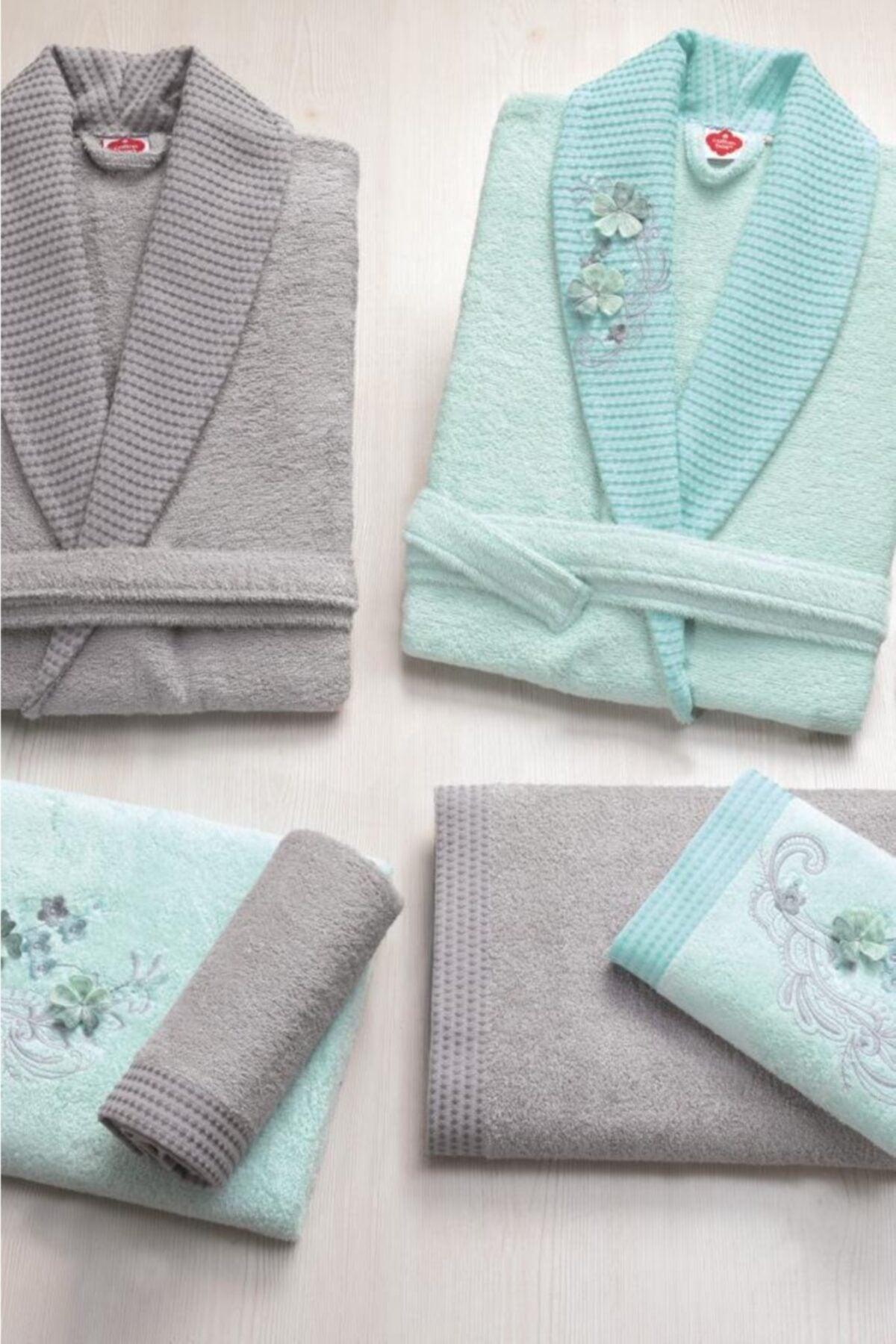 Mint Gray 3d Embroidered Bamboo Family Bathrobe Set - Swordslife