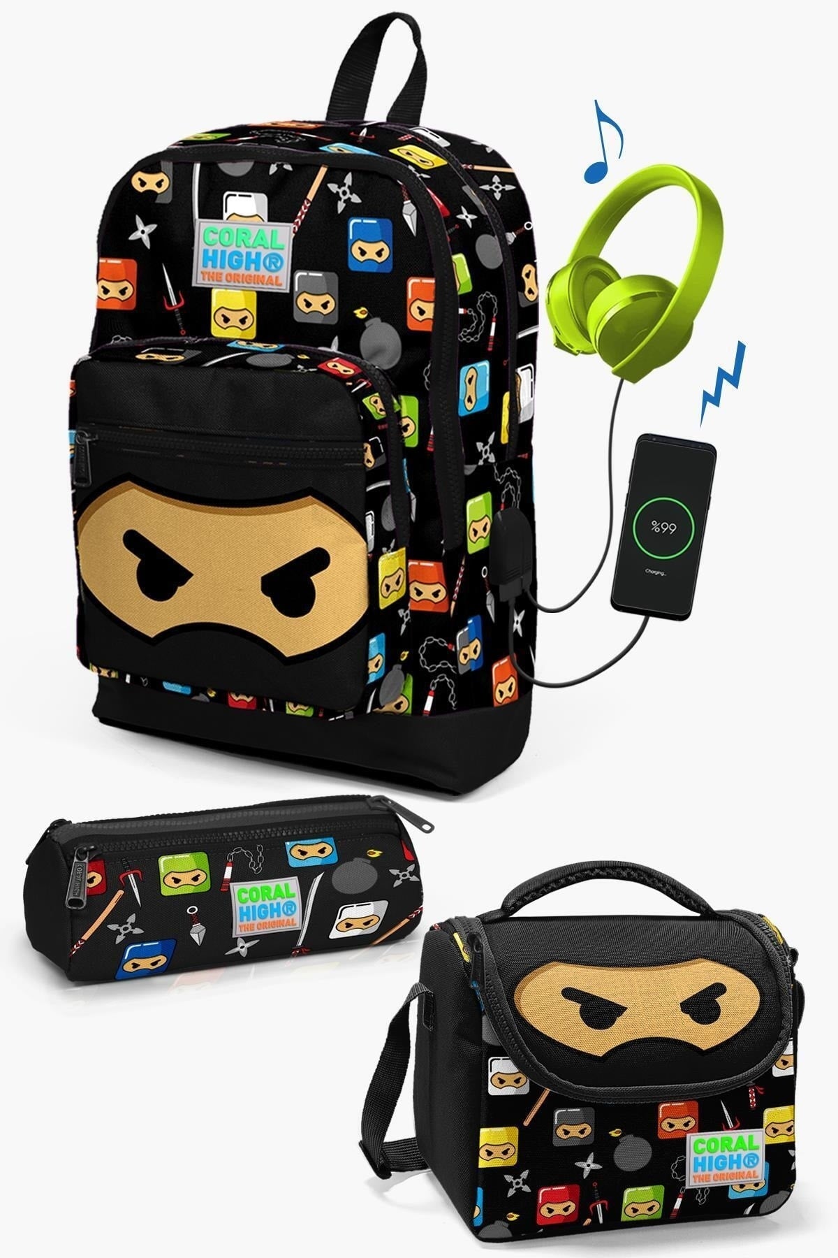 Kids Black Ninja Patterned Usb 3-Piece School Bag Set Set0123285