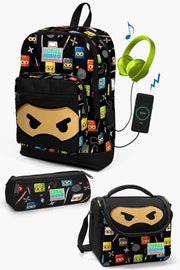 Kids Black Ninja Patterned Usb 3-Piece School Bag Set Set0123285