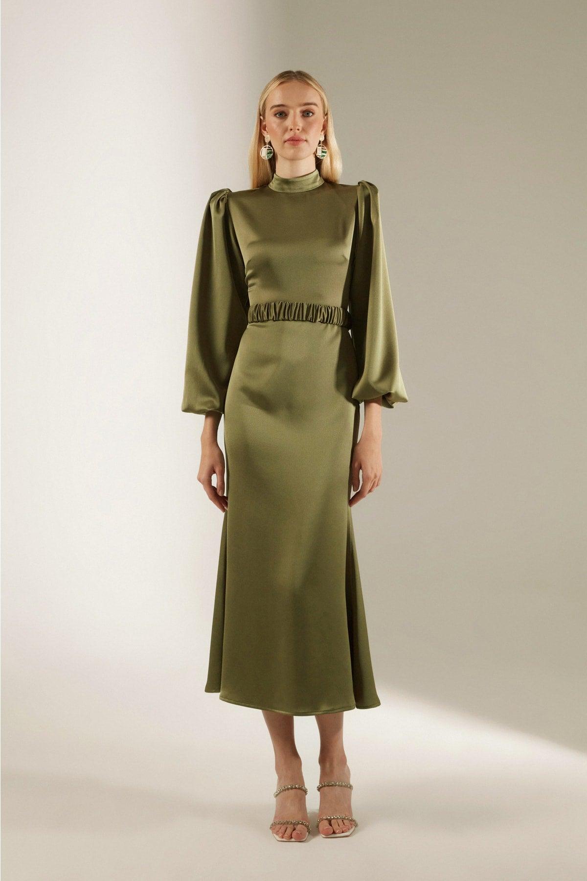 Judge Collar Khaki Balloon Sleeve Dress - Swordslife