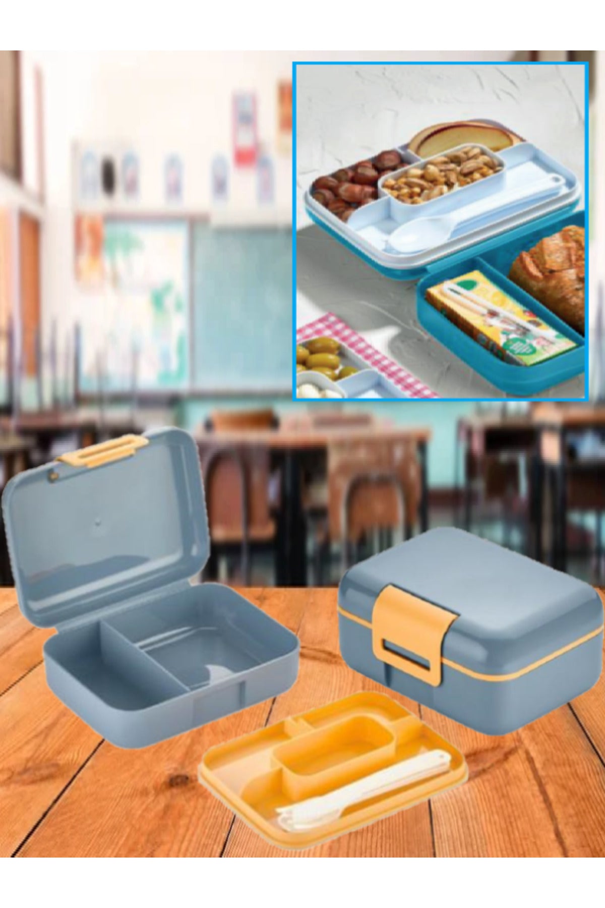 Blue 2-Layer Compartment Lockable Lunch Box And Spoon Set Snack Bread Storage Container