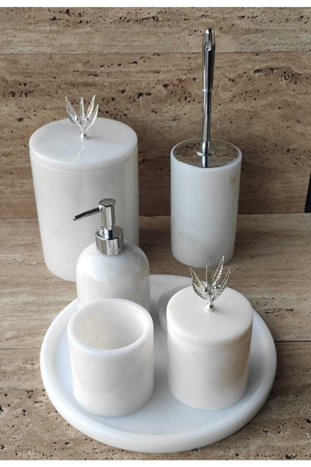 White Marble Silver Olive Branch Accessory 7 Pcs Bathroom Set - Swordslife