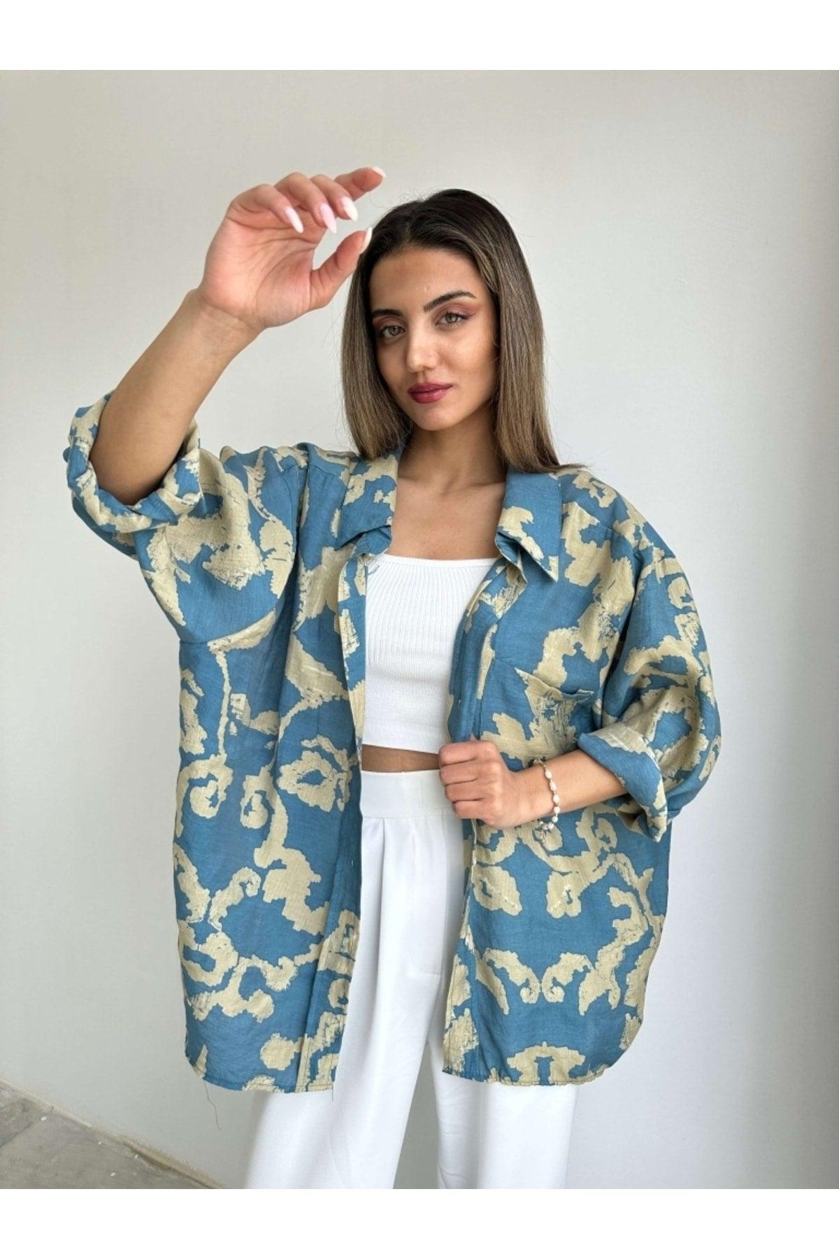 Petrol Blue Patterned Off Shoulder Oversize Shirt - Swordslife