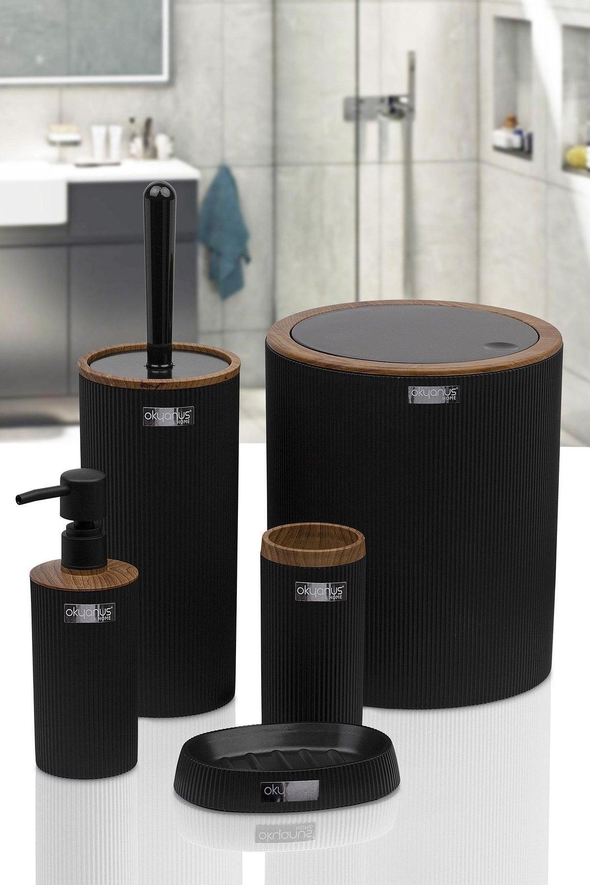 Mina Black Wood Patterned Striped Round 5 Piece Bathroom Set - Swordslife