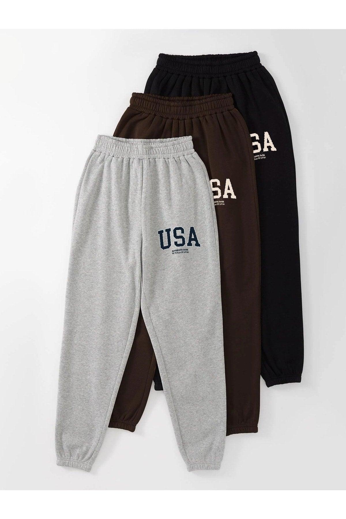 3-pack USA Printed Jogger Sweatpants - Black Gray And Brown Elastic Leg High Waist Summer Summer - Swordslife