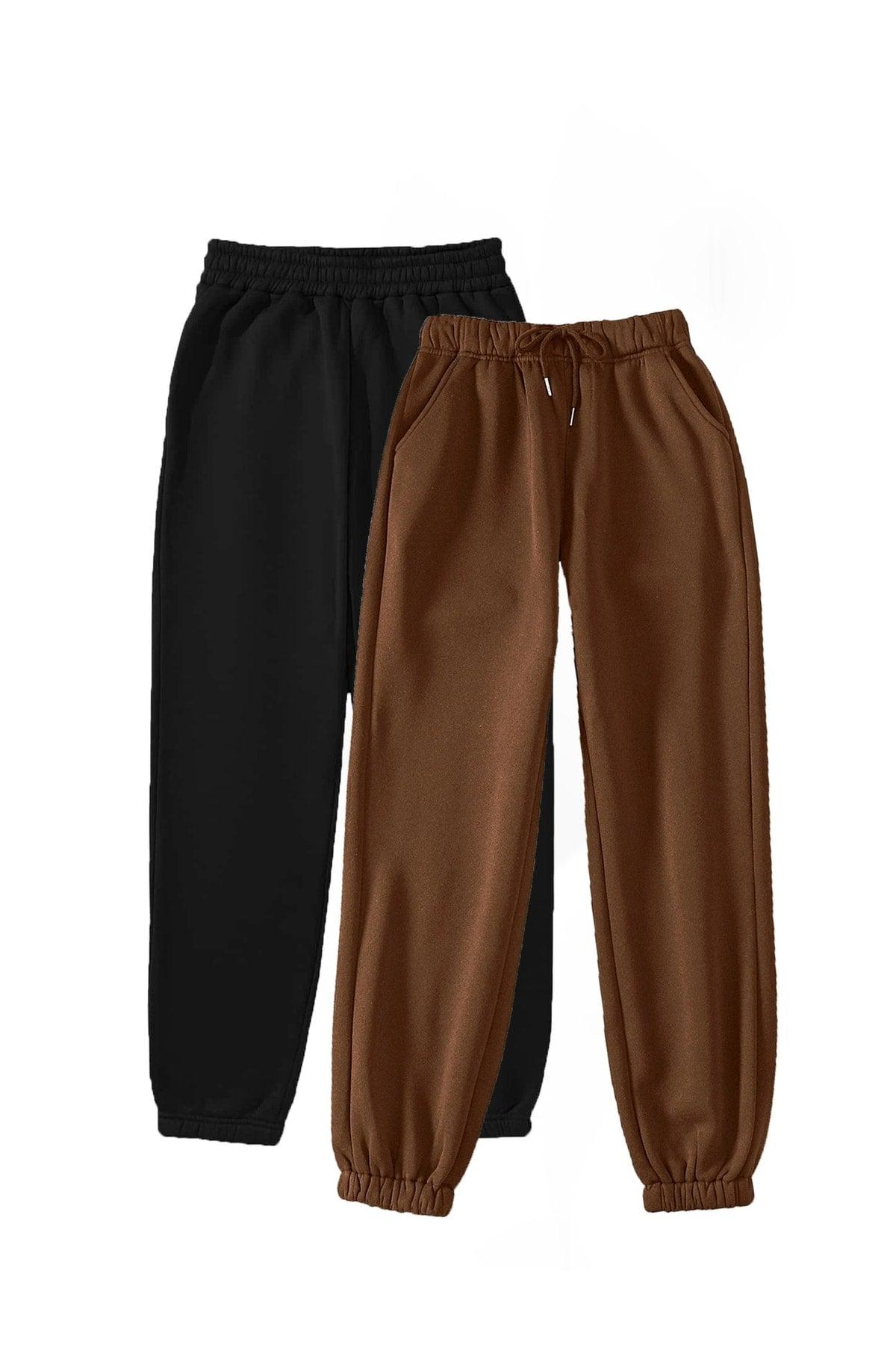 2-pack Jogger Sweatpants - Black And Brown, Elastic Legs, High Waist Summer - Swordslife