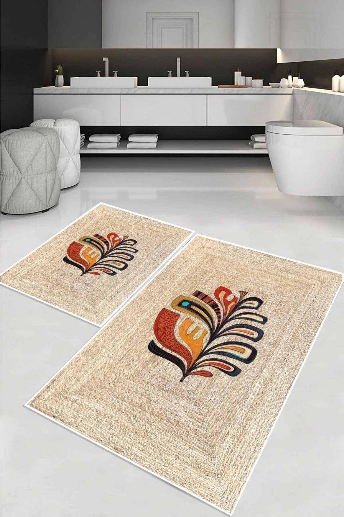 Digital Non-Slip Washable Jute Gör Modern 2 Pieces Bathroom Carpet Doormat Closet Set Dc-8052 - Swordslife