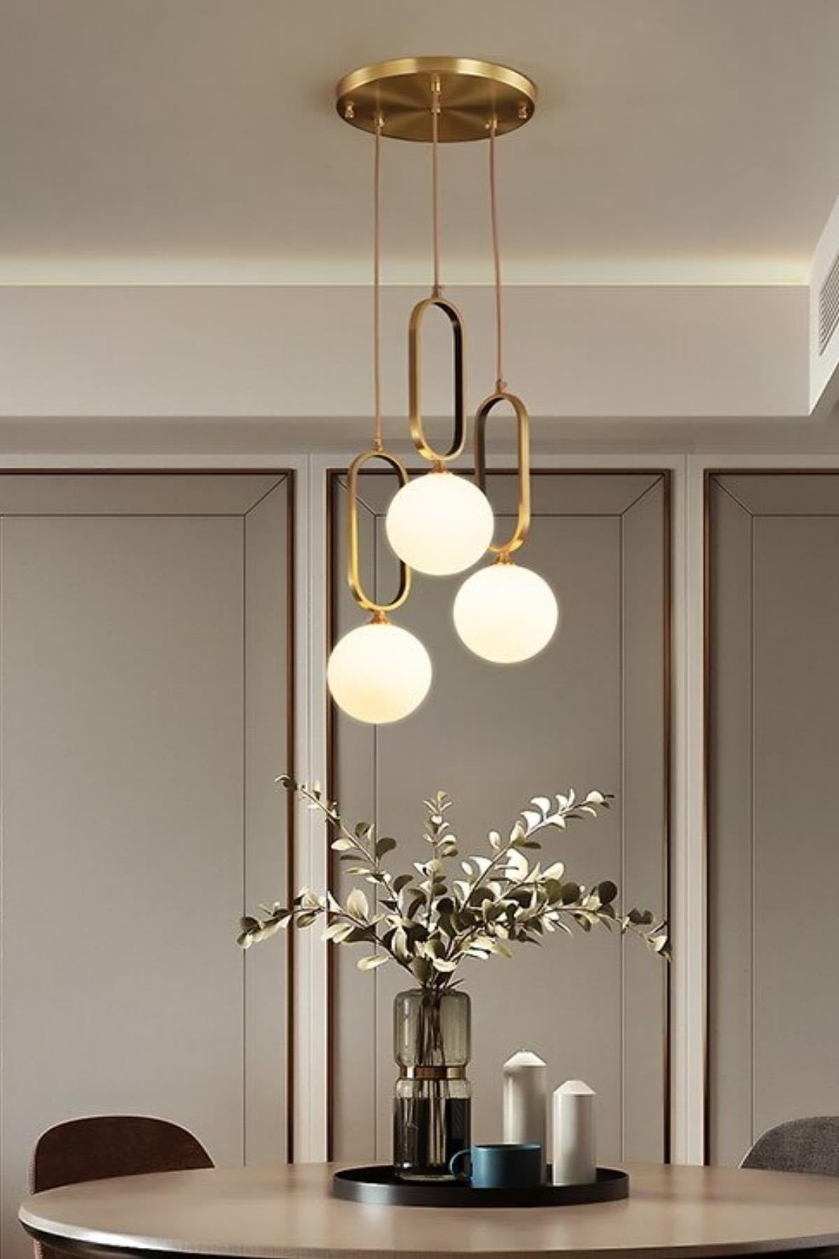 Kuzey Triple Antique Coated Stylish Modern White Glass Living Room Pendant Lamp Chandelier